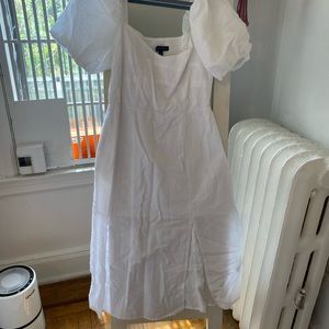 Banana Republic White Linen Square Neck Puff Sleeve Midi Dress with Slit